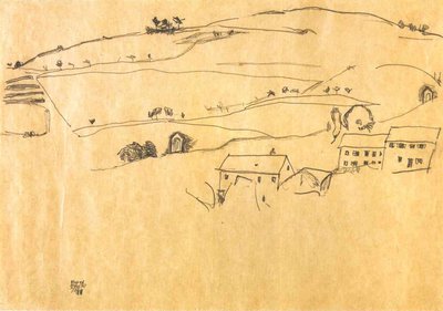 Casas frente a colina con estaciones del Vía Crucis de Egon Schiele